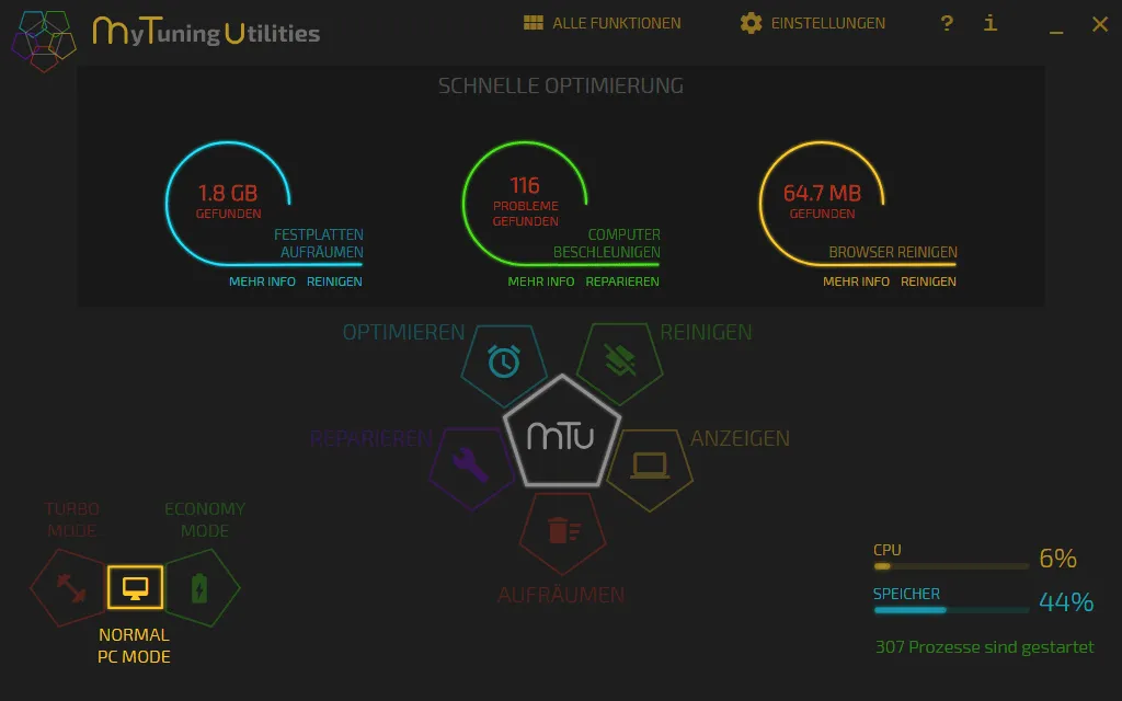 Dashboard von mytuning utilities mit freiem Speicherplatz, gefundenen Problemen und Browserdaten