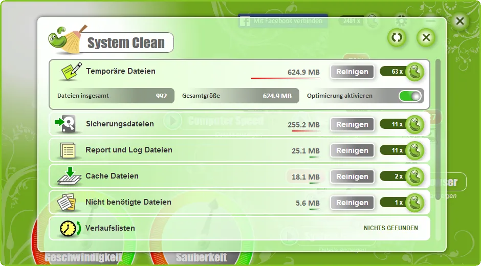 Ansicht System Clean von PC Bean & Clean mit temporären Dateien, Sicherungs-, Log-, Cache- und nicht benötigten Dateien samt Größe