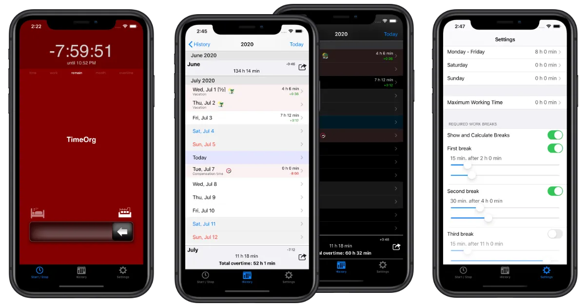TimeOrg app screens on iPhone